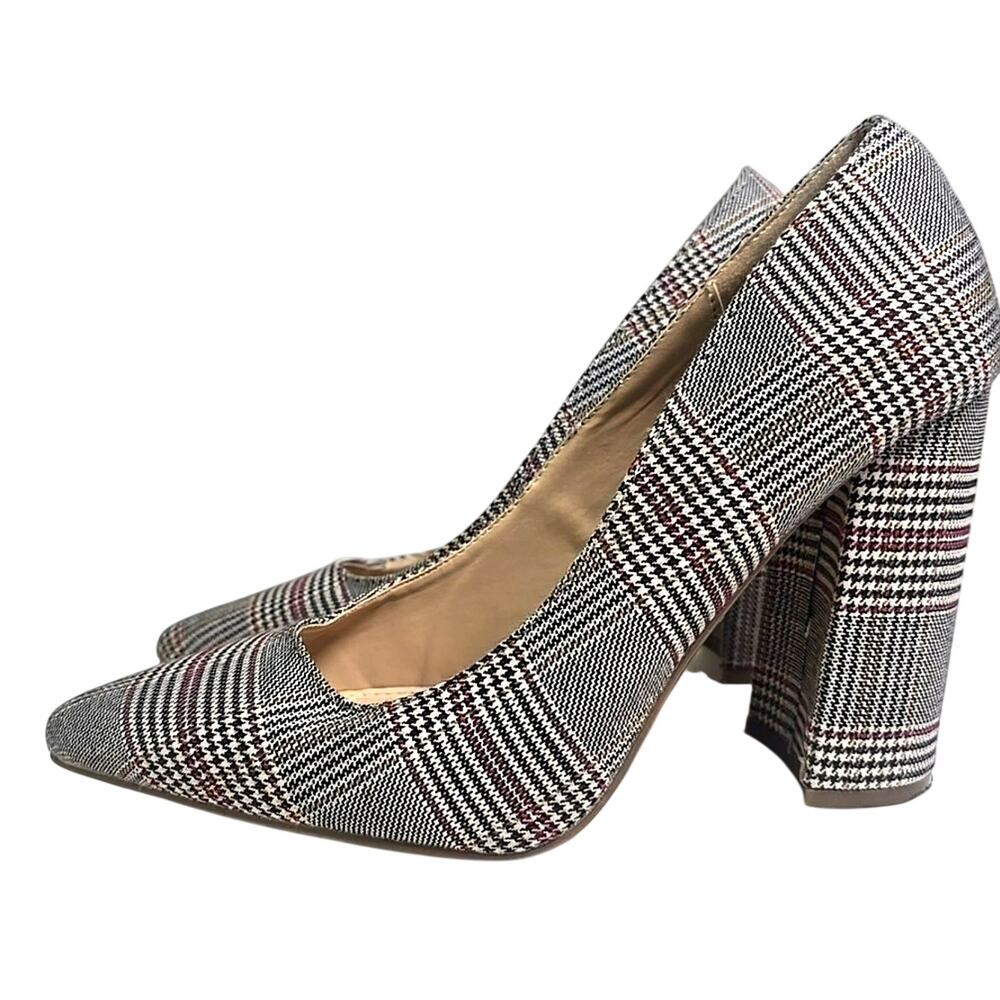 JUSTFAB Holly Block Heel Pumps Womens 7.5 Houndstooth Shoes Acedemia